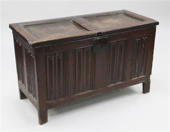 An 18th century oak coffer, W.3ft 6in.